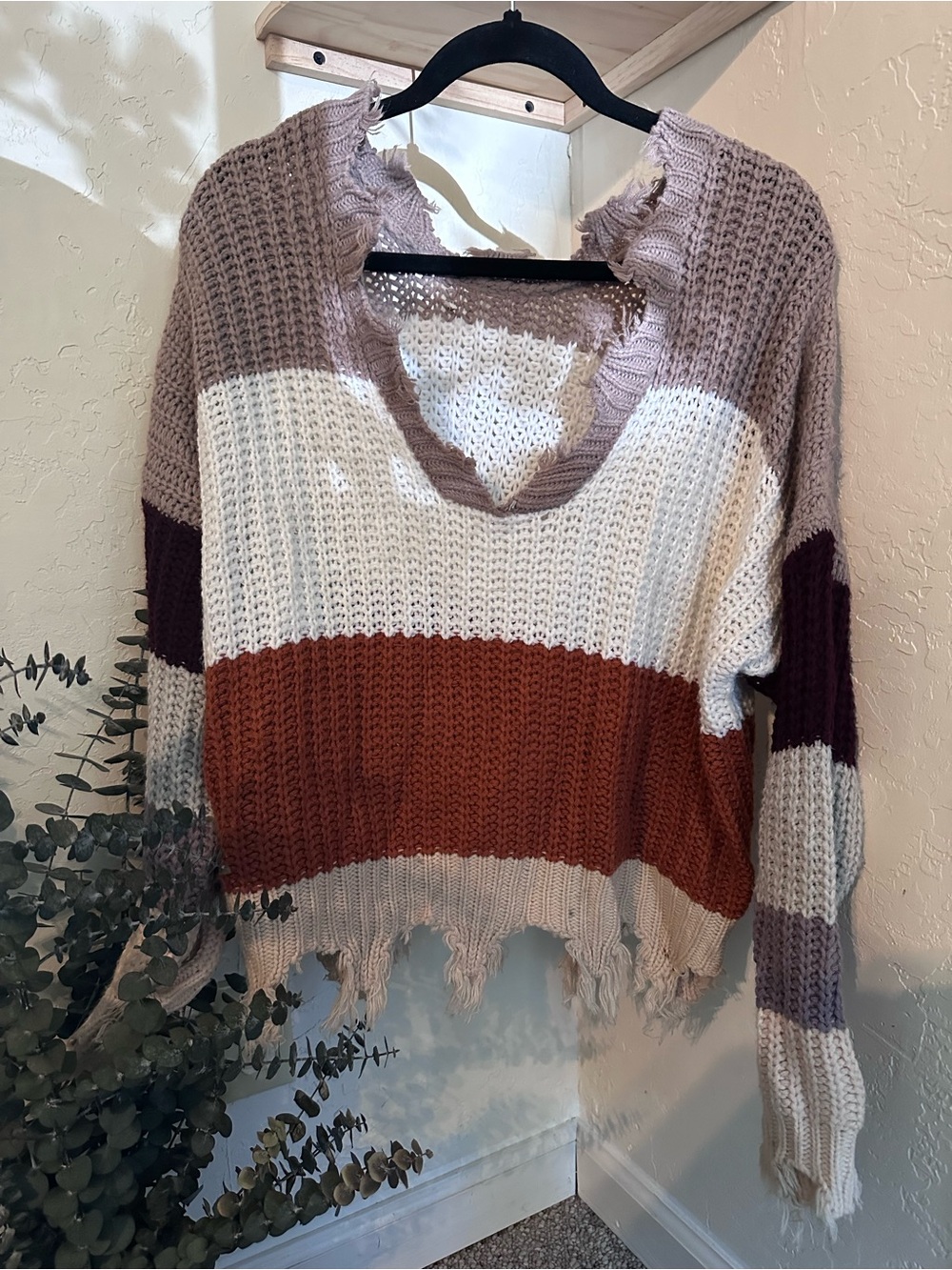 Chunky Striped Distressed V-Neck Sweater - Cream, Rust & Mauve